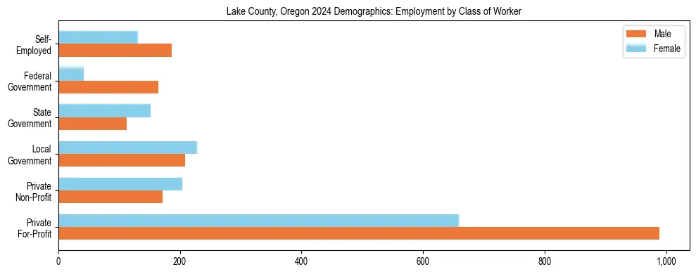 Horizontal bar chart showing employment distribution by class of worker and gender in Lake County, Oregon, based on 2023 ACS data.