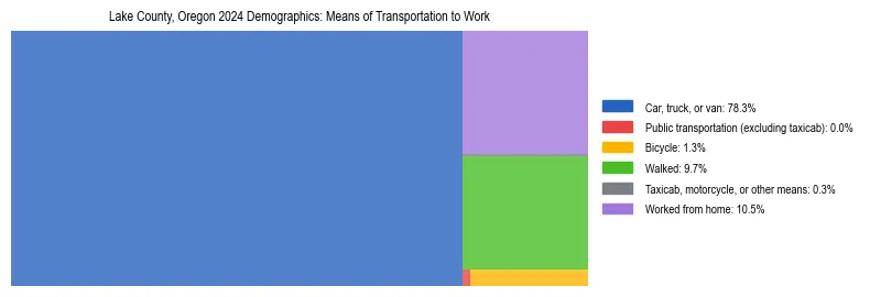 Treemap showing means of transportation to work distribution in Lake County, Oregon.
