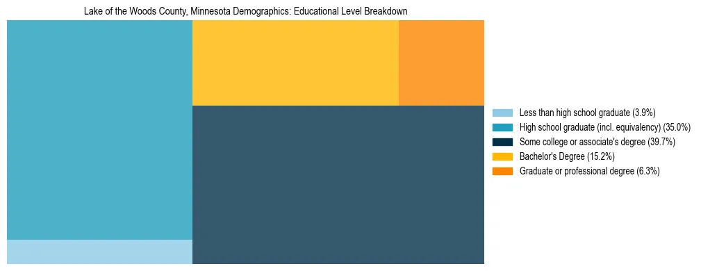 Treemap chart illustrating the educational attainment breakdown for population 25 years and over in Lake of the Woods County, Minnesota.