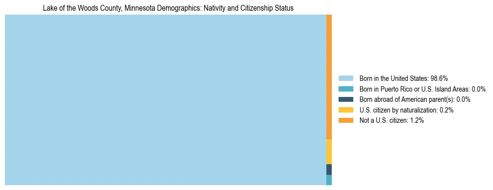 Treemap showing the population distribution by nativity and citizenship status in Lake of the Woods County, Minnesota based on U.S. Census data.