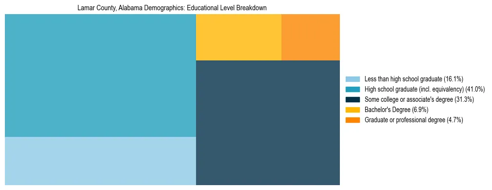 Treemap chart illustrating the educational attainment breakdown for population 25 years and over in Lamar County, Alabama.