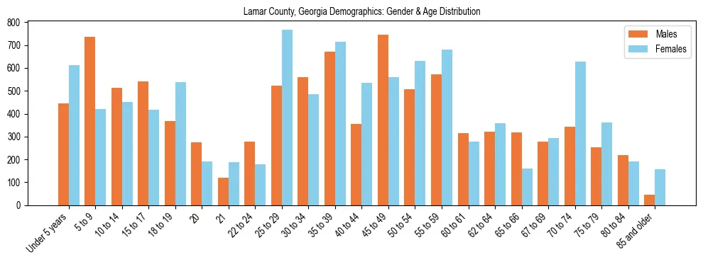 Bar chart showing the population distribution of Lamar County, Georgia by age group and gender, based on 2023 ACS data.