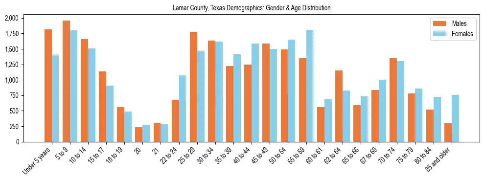Bar chart showing the population distribution of Lamar County, Texas by age group and gender, based on 2023 ACS data.