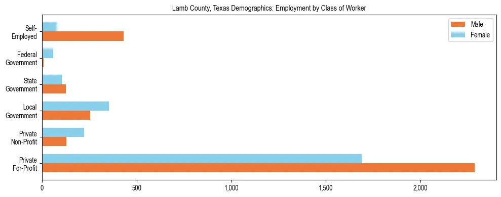 Horizontal bar chart showing employment distribution by class of worker and gender in Lamb County, Texas, based on 2023 ACS data.