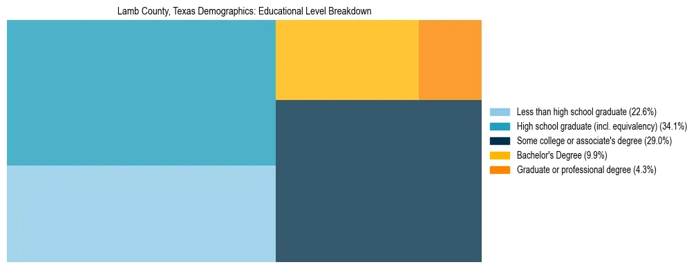 Treemap chart illustrating the educational attainment breakdown for population 25 years and over in Lamb County, Texas.