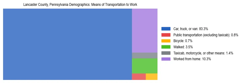Treemap showing means of transportation to work distribution in Lancaster County, Pennsylvania.