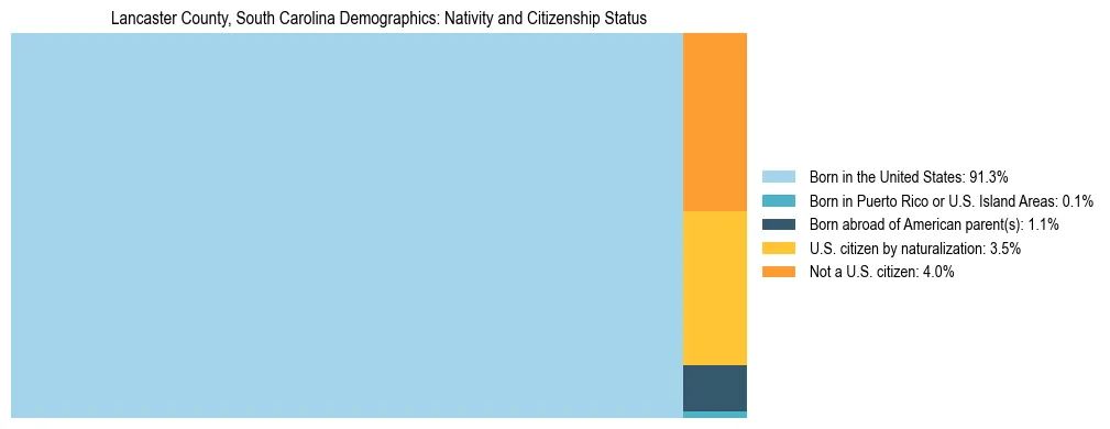 Treemap showing the population distribution by nativity and citizenship status in Lancaster County, South Carolina based on U.S. Census data.