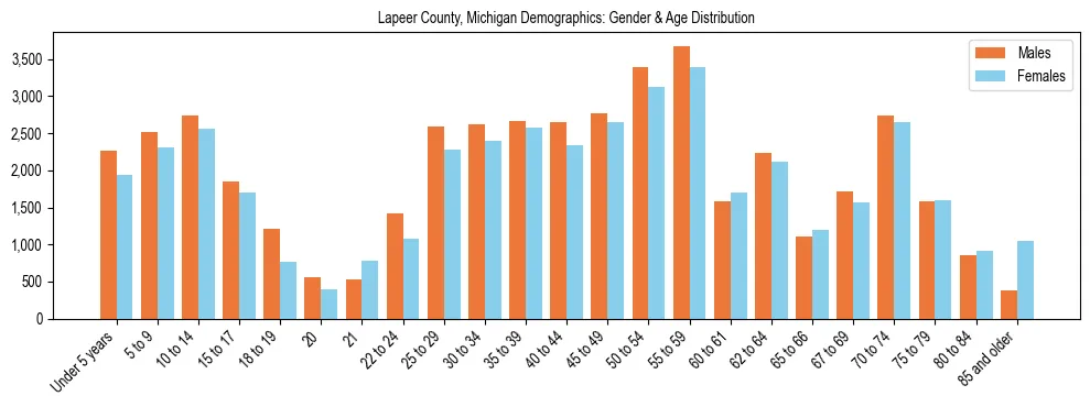 Bar chart showing the population distribution of Lapeer County, Michigan by age group and gender, based on 2023 ACS data.