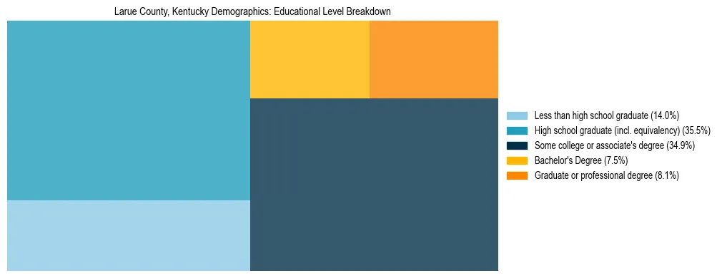 Treemap chart illustrating the educational attainment breakdown for population 25 years and over in Larue County, Kentucky.