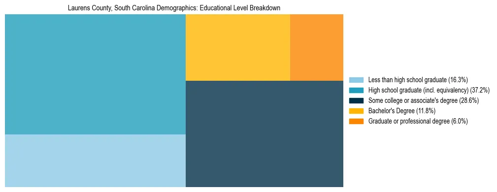 Treemap chart illustrating the educational attainment breakdown for population 25 years and over in Laurens County, South Carolina.