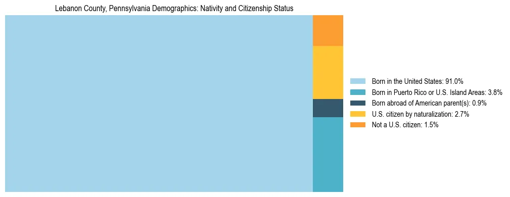 Treemap showing the population distribution by nativity and citizenship status in Lebanon County, Pennsylvania based on U.S. Census data.
