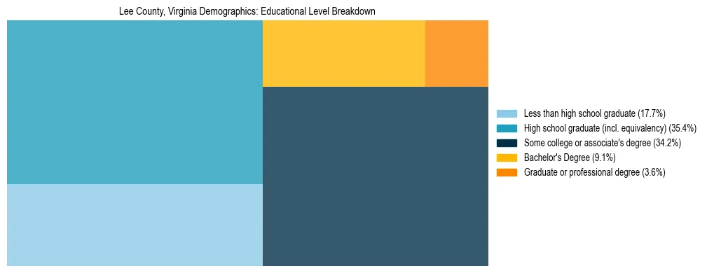 Treemap chart illustrating the educational attainment breakdown for population 25 years and over in Lee County, Virginia.