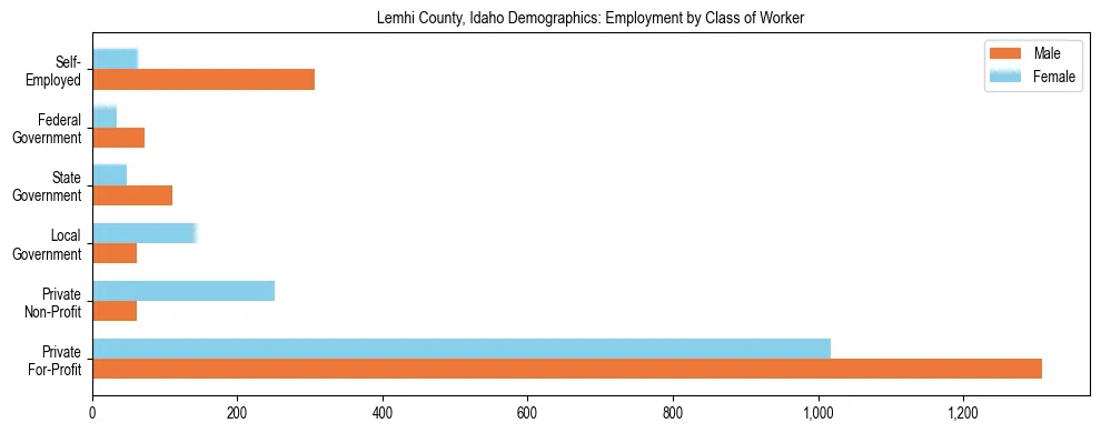 Horizontal bar chart showing employment distribution by class of worker and gender in Lemhi County, Idaho, based on 2023 ACS data.