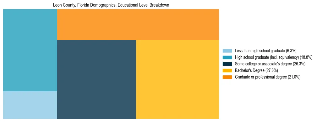 Treemap chart illustrating the educational attainment breakdown for population 25 years and over in Leon County, Florida.