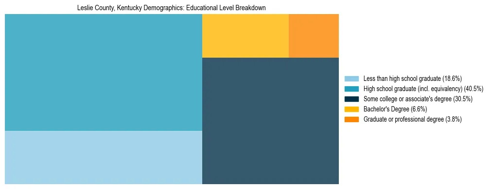 Treemap chart illustrating the educational attainment breakdown for population 25 years and over in Leslie County, Kentucky.
