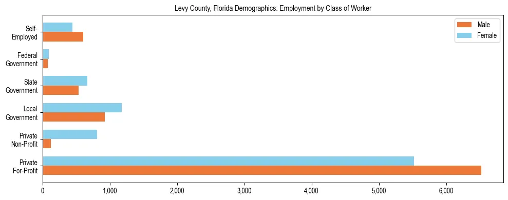Horizontal bar chart showing employment distribution by class of worker and gender in Levy County, Florida, based on 2023 ACS data.