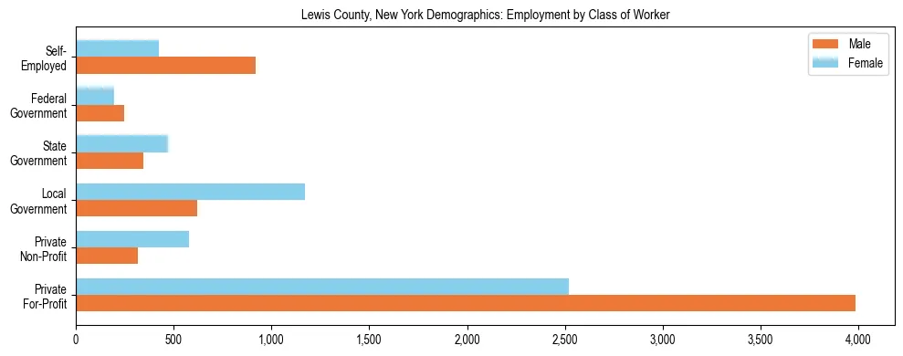 Horizontal bar chart showing employment distribution by class of worker and gender in Lewis County, New York, based on 2023 ACS data.