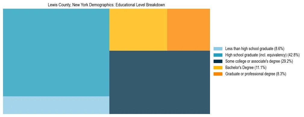 Treemap chart illustrating the educational attainment breakdown for population 25 years and over in Lewis County, New York.