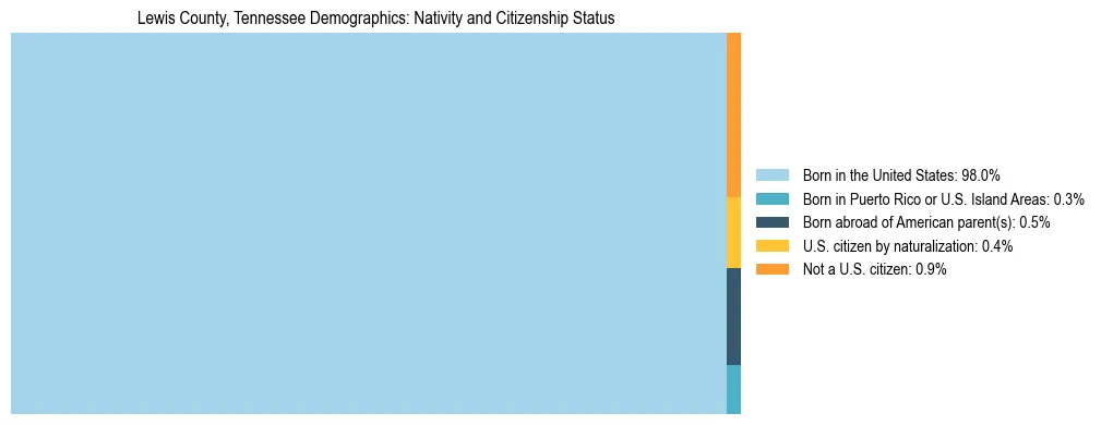Treemap showing the population distribution by nativity and citizenship status in Lewis County, Tennessee based on U.S. Census data.
