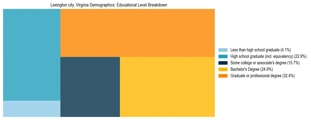 Treemap chart illustrating the educational attainment breakdown for population 25 years and over in Lexington city, Virginia.