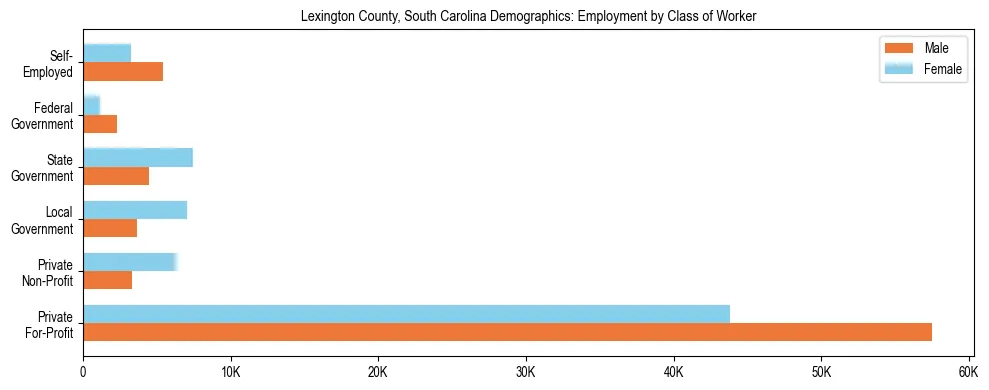 Horizontal bar chart showing employment distribution by class of worker and gender in Lexington County, South Carolina, based on 2023 ACS data.