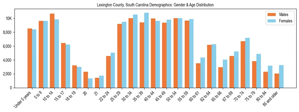 Bar chart showing the population distribution of Lexington County, South Carolina by age group and gender, based on 2023 ACS data.