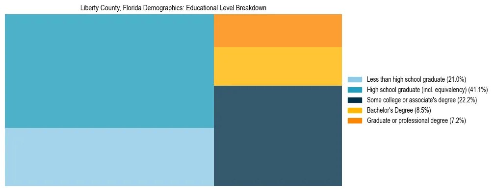 Treemap chart illustrating the educational attainment breakdown for population 25 years and over in Liberty County, Florida.