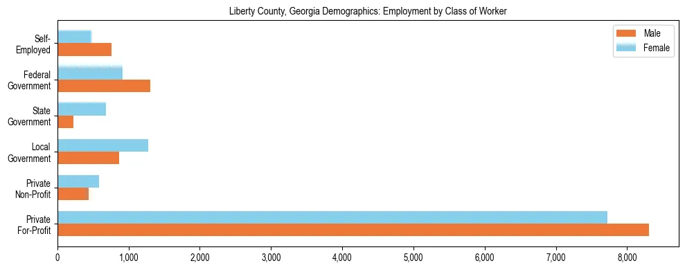 Horizontal bar chart showing employment distribution by class of worker and gender in Liberty County, Georgia, based on 2023 ACS data.