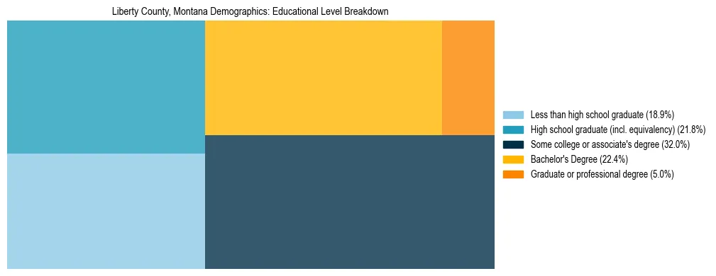 Treemap chart illustrating the educational attainment breakdown for population 25 years and over in Liberty County, Montana.