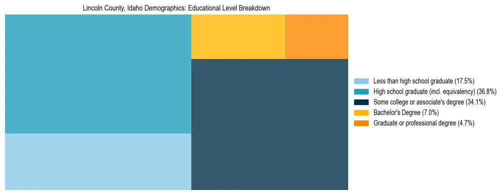 Treemap chart illustrating the educational attainment breakdown for population 25 years and over in Lincoln County, Idaho.