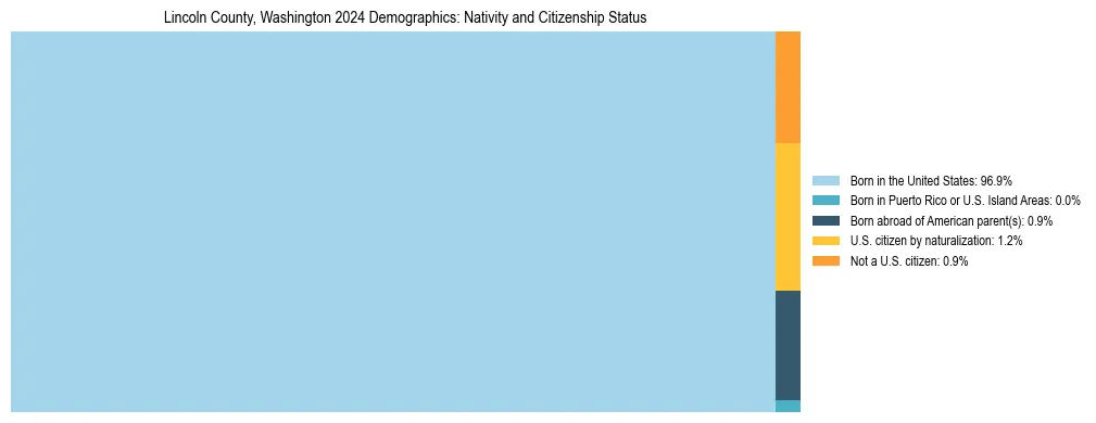 Treemap showing the population distribution by nativity and citizenship status in Lincoln County, Washington based on U.S. Census data.