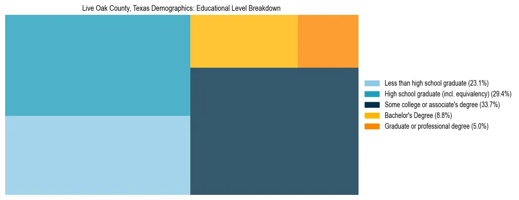 Treemap chart illustrating the educational attainment breakdown for population 25 years and over in Live Oak County, Texas.