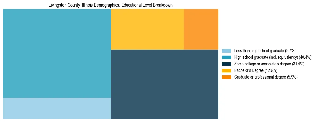 Treemap chart illustrating the educational attainment breakdown for population 25 years and over in Livingston County, Illinois.