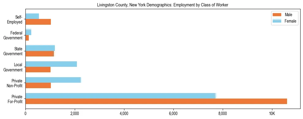 Horizontal bar chart showing employment distribution by class of worker and gender in Livingston County, New York, based on 2023 ACS data.