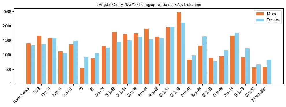 Bar chart showing the population distribution of Livingston County, New York by age group and gender, based on 2023 ACS data.