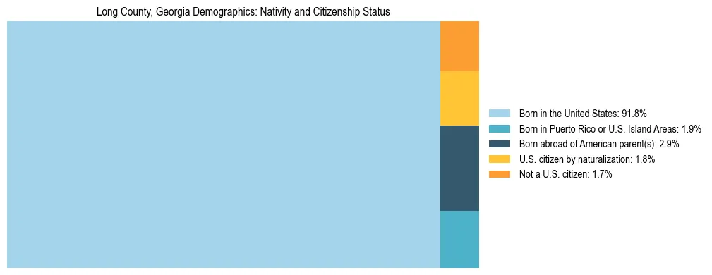 Treemap showing the population distribution by nativity and citizenship status in Long County, Georgia based on U.S. Census data.