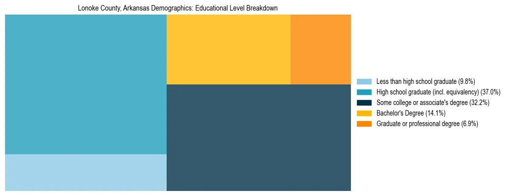Treemap chart illustrating the educational attainment breakdown for population 25 years and over in Lonoke County, Arkansas.