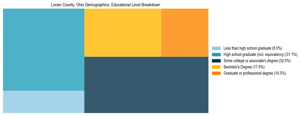 Treemap chart illustrating the educational attainment breakdown for population 25 years and over in Lorain County, Ohio.