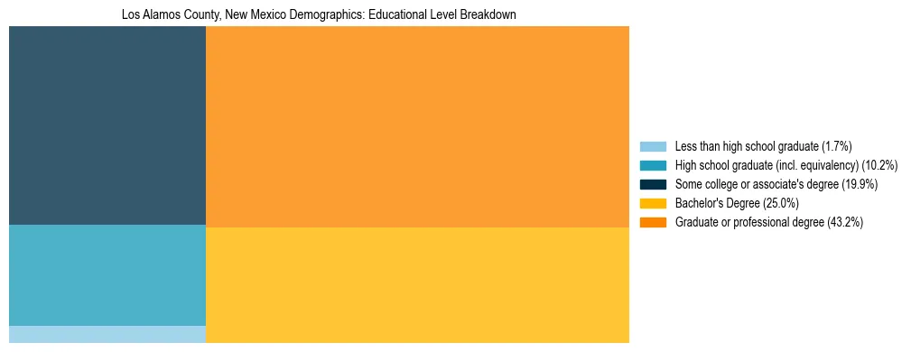 Treemap chart illustrating the educational attainment breakdown for population 25 years and over in Los Alamos County, New Mexico.