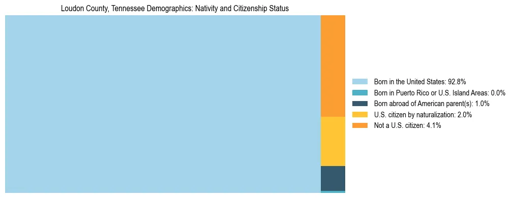 Treemap showing the population distribution by nativity and citizenship status in Loudon County, Tennessee based on U.S. Census data.