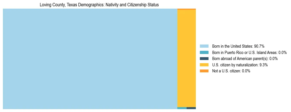 Treemap showing the population distribution by nativity and citizenship status in Loving County, Texas based on U.S. Census data.