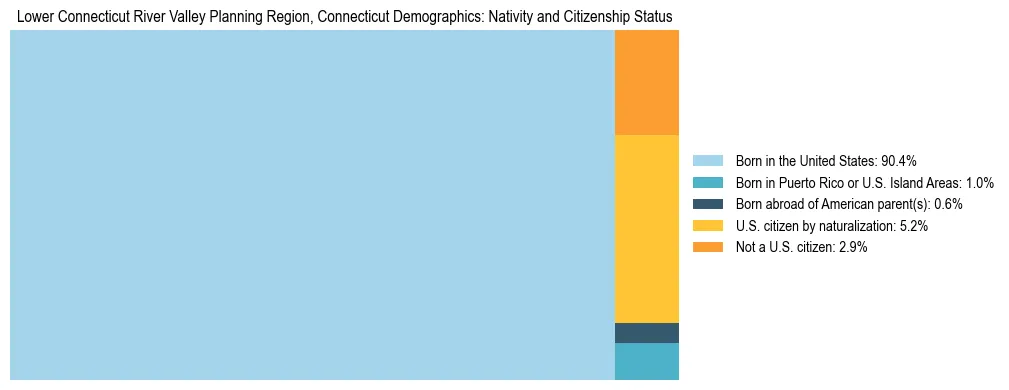 Treemap showing the population distribution by nativity and citizenship status in Lower Connecticut River Valley Planning Region, Connecticut based on U.S. Census data.