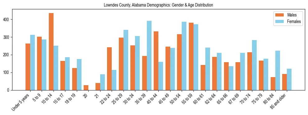 Bar chart showing the population distribution of Lowndes County, Alabama by age group and gender, based on 2023 ACS data.