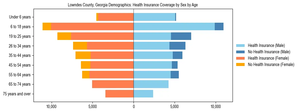 Pyramid chart showing health insurance coverage by age and sex in Lowndes County, Georgia.