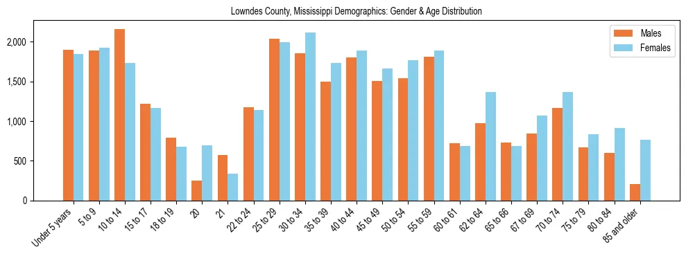 Bar chart showing the population distribution of Lowndes County, Mississippi by age group and gender, based on 2023 ACS data.