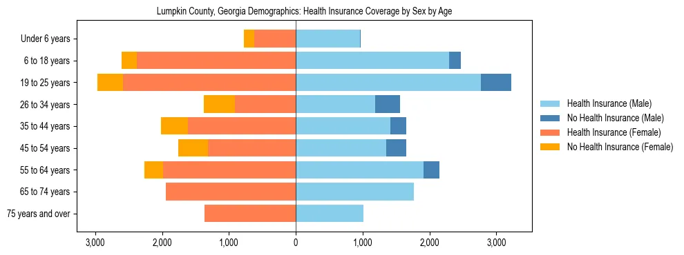 Pyramid chart showing health insurance coverage by age and sex in Lumpkin County, Georgia.