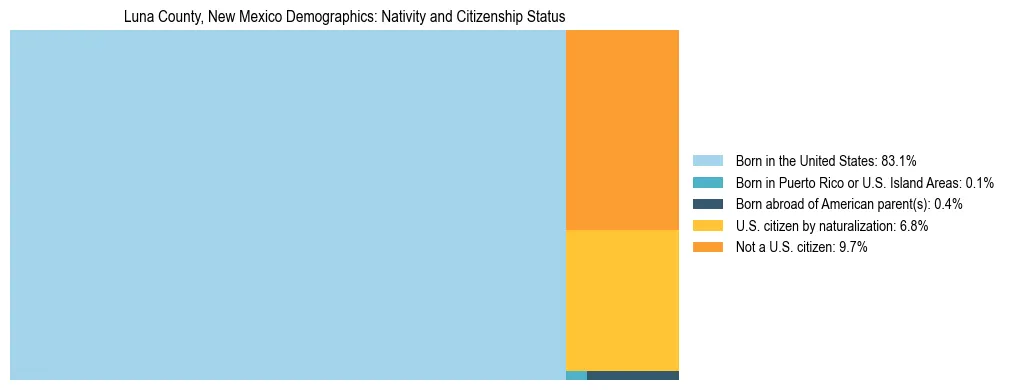 Treemap showing the population distribution by nativity and citizenship status in Luna County, New Mexico based on U.S. Census data.