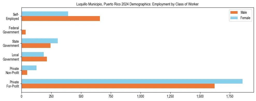 Horizontal bar chart showing employment distribution by class of worker and gender in Luquillo Municipio, Puerto Rico, based on 2023 ACS data.