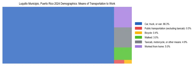 Treemap showing means of transportation to work distribution in Luquillo Municipio, Puerto Rico.