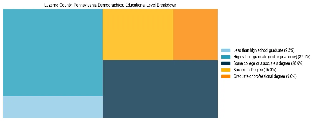 Treemap chart illustrating the educational attainment breakdown for population 25 years and over in Luzerne County, Pennsylvania.